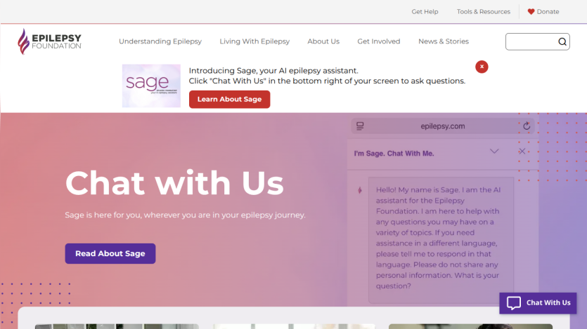 Chat section inviting users to engage with the epilepsy assistant, Sage.