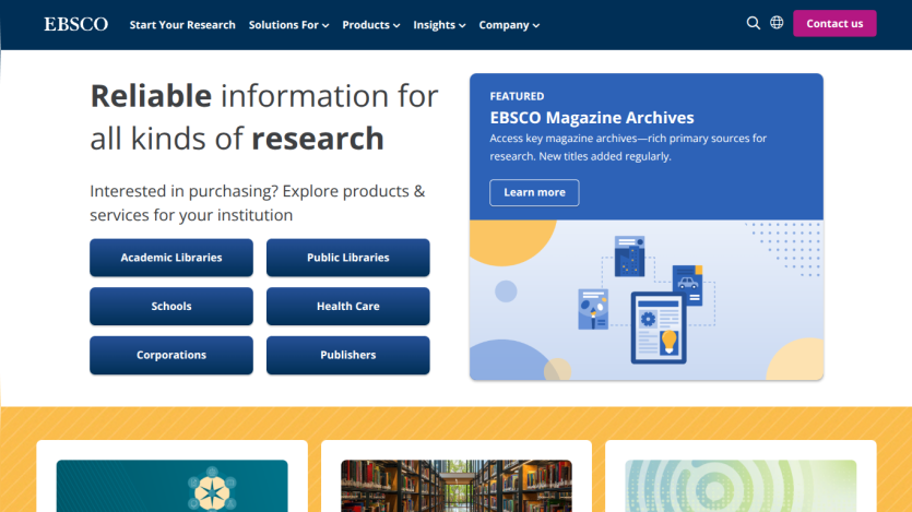 Homepage of EBSCO featuring research solutions and service categories.