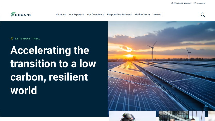 EQUANS website promoting transition to a low carbon, resilient world with solar panels and wind turbines image