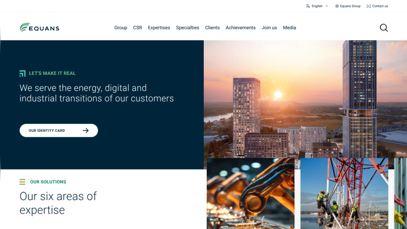 Equans homepage with navigation, tagline about energy and industrial transitions, and images of cityscape and industrial technology