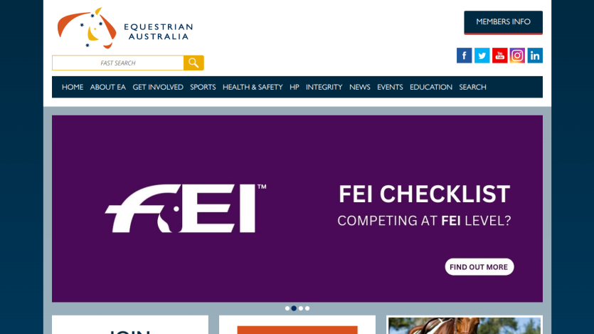 Equestrian Australia homepage with navigation menu, search bar, social media links, and 2024-25 annual report promotion