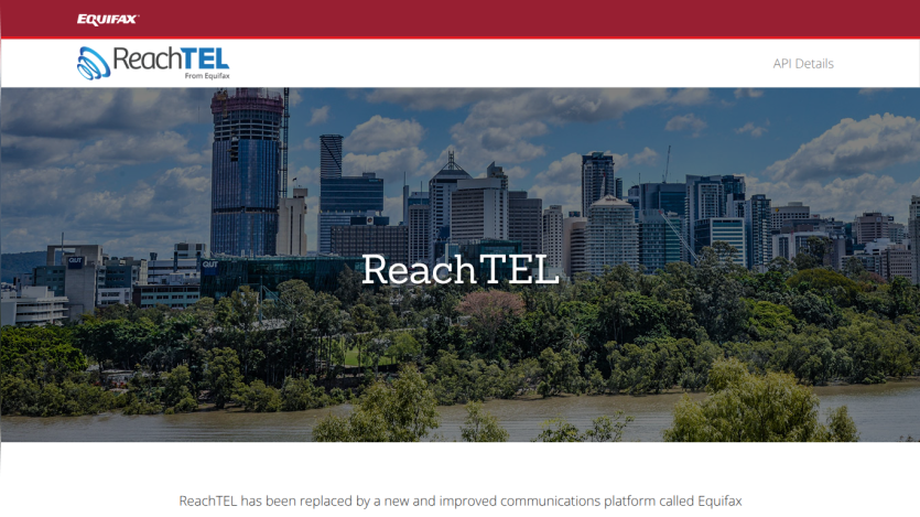 ReachTEL website header with city skyline background and text about new communications platform