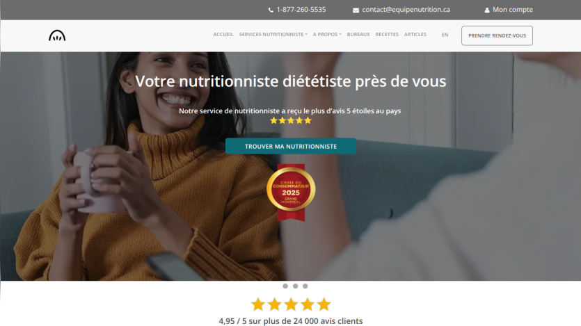 Nutritionist service homepage with contact info, navigation menu, and call to action to find a nutritionist