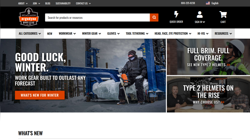 Homepage of a winter gear store featuring a large banner promoting durable work gear and helmets with navigation menu and search bar
