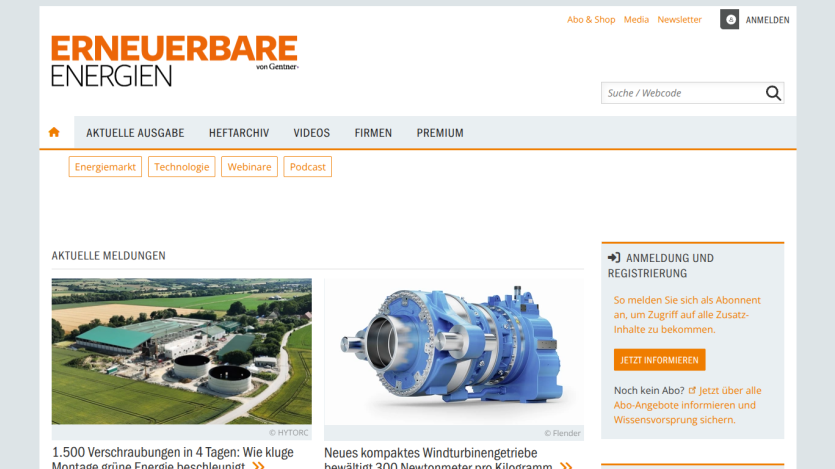 Renewable energy news site with headlines on smart screw connections and compact wind turbine gearboxes