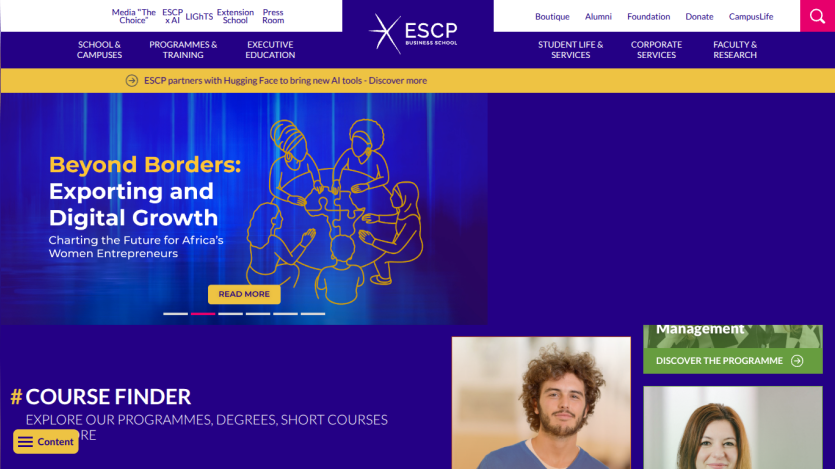 Homepage of ESCP featuring a banner on exporting and digital growth with course finder options.