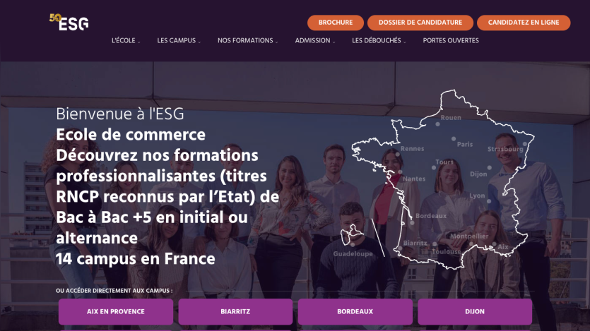 ESG business school homepage with welcome message, program info, and campus locations in France