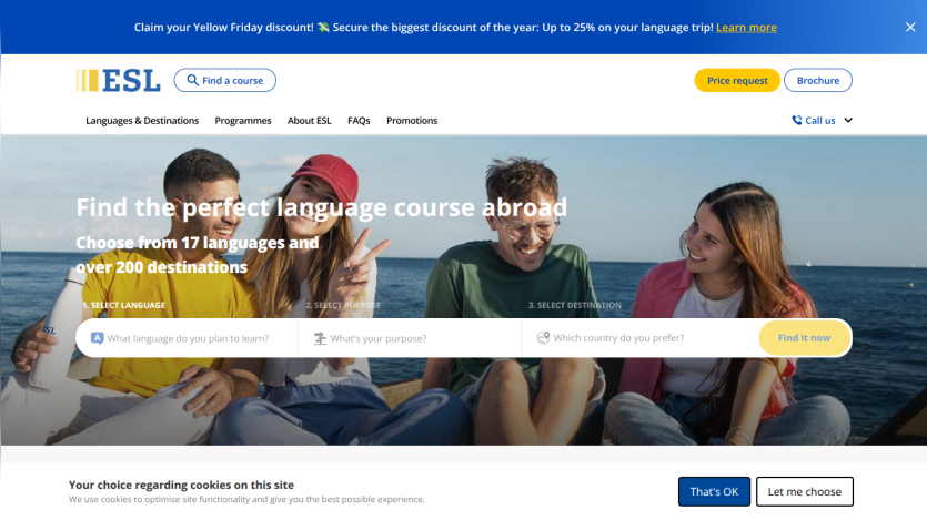 ESL language course website with search options and discount banner, showing happy young people by the sea