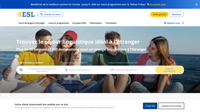 ESL language courses homepage with a hero image of four young people by the sea and a search form for language, objective, and destination