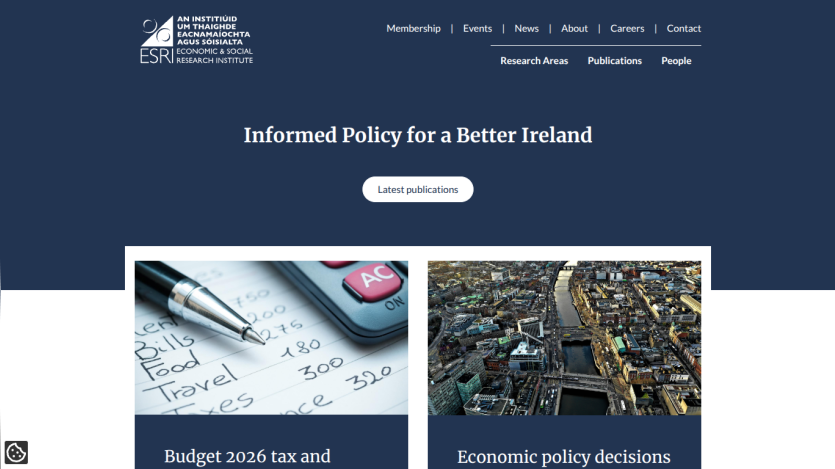 Economic and Social Research Institute homepage with navigation, headline 'Informed Policy for a Better Ireland', and featured publications on budget and economic policy