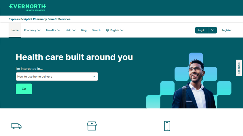 Evernorth Health Services homepage with navigation and a hero section titled 'Health care built around you' featuring a dropdown and Go button