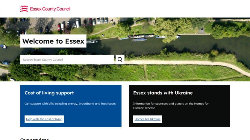 Essex County Council homepage featuring welcome message and support options.