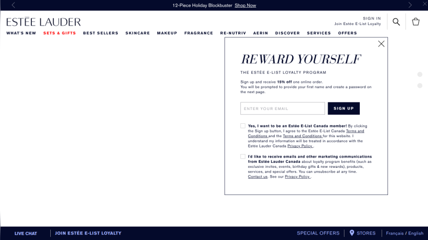 Estee Lauder website homepage with navigation menu and a reward program sign-up offer in the hero section