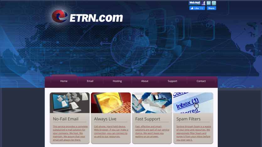 ETRN.com homepage featuring services like No-Fail Email and Fast Support.