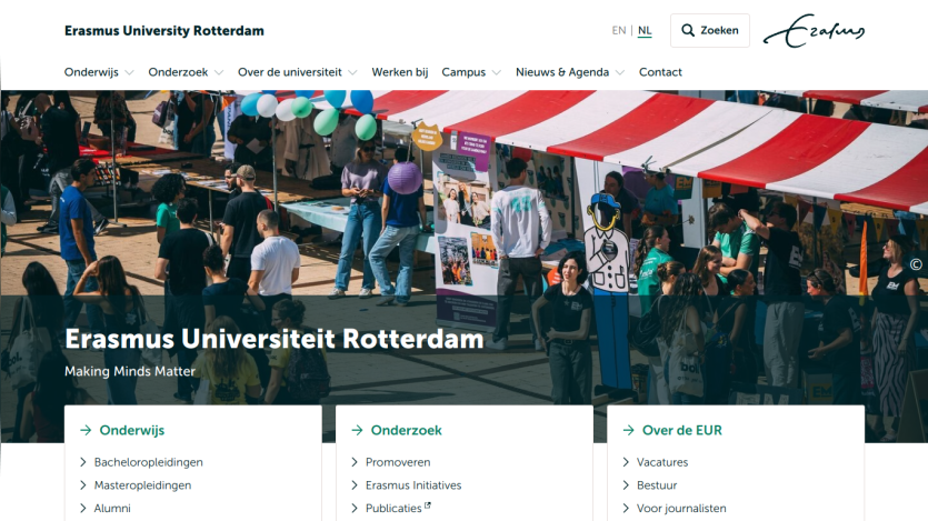 Erasmus University Rotterdam homepage featuring a vibrant outdoor event with stalls and people.