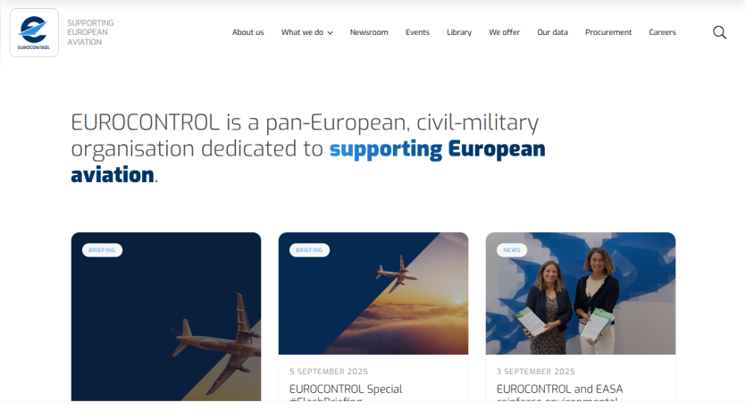 EUROCONTROL website showcasing its mission to support European aviation.