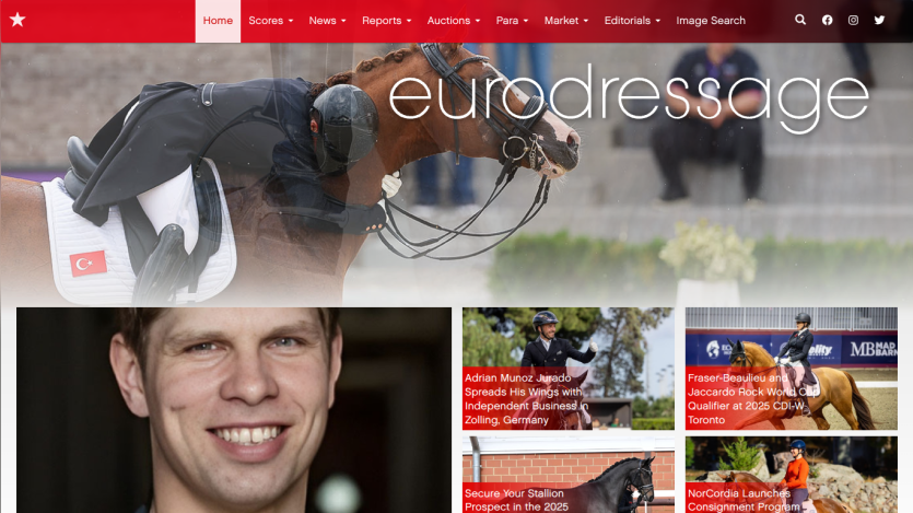 Eurodressage homepage with navigation bar, large equestrian-themed hero image, and news articles on horse riding events.