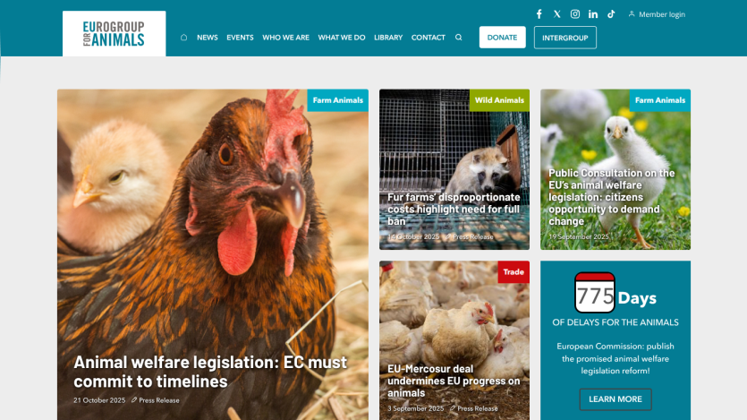 Eurogroup for Animals homepage with news on animal welfare legislation and EU progress, featuring images of farm and wild animals