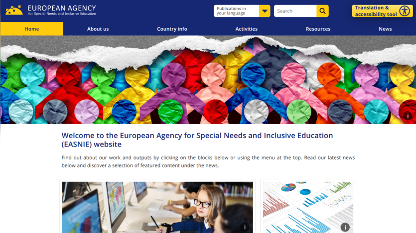 European Agency for Special Needs and Inclusive Education homepage with navigation menu and colorful paper cutout figures banner
