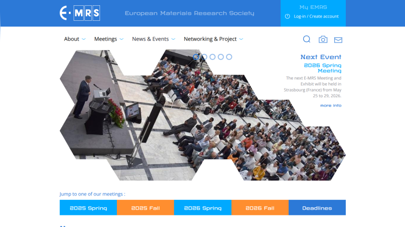 European Materials Research Society homepage with navigation, event details for 2026 Spring Meeting in Strasbourg, and a speaker addressing an audience