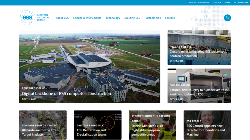 European Spallation Source homepage with news on ESS construction, neutron production milestones, and collaborations
