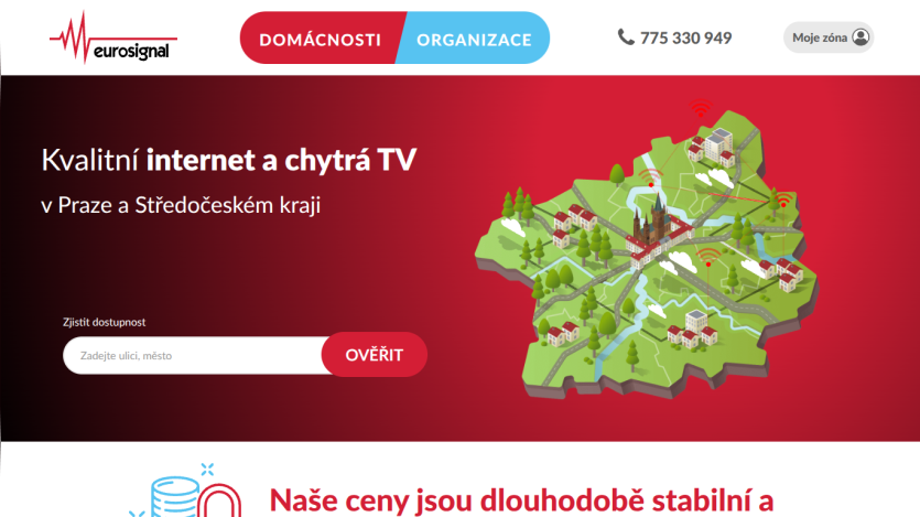 Homepage for internet and TV services in Prague, featuring a map and service details.