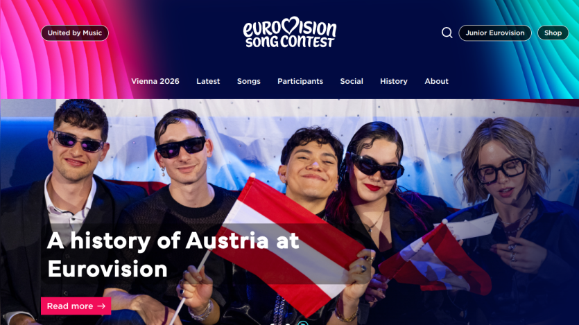 Eurovision website featuring a group of people with flags and the headline about Austria's history at Eurovision.
