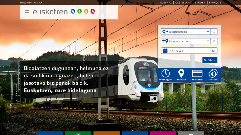 Train service website with a train on tracks at sunset and a search form for departure, destination, and date