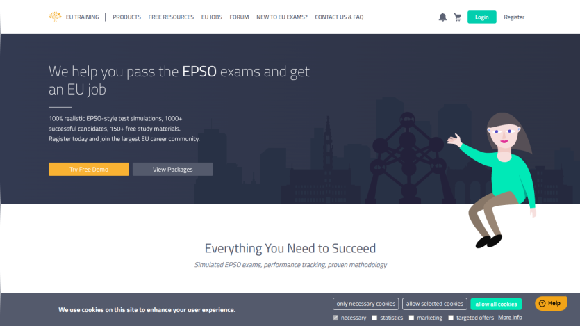 EU Training website helping users pass EPSO exams and get EU jobs with test simulations and study materials