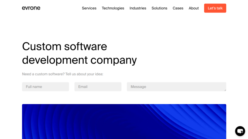 Custom software development company with a contact form for ideas and a navigation menu