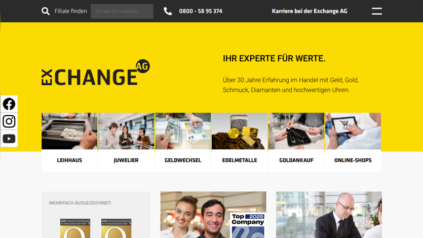 Exchange AG homepage with services including pawnshop, jeweler, currency exchange, precious metals, gold purchase, and online shops