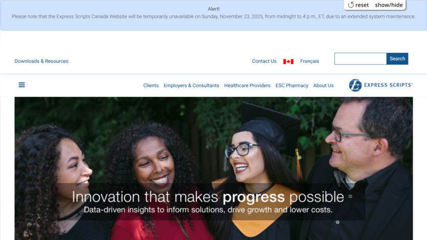 Website hero with headline 'Innovation that makes progress possible' and subtext about data-driven insights, showing diverse professionals