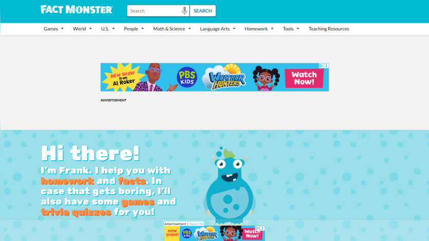 Homepage of Fact Monster featuring a friendly character and introductory text for homework help.