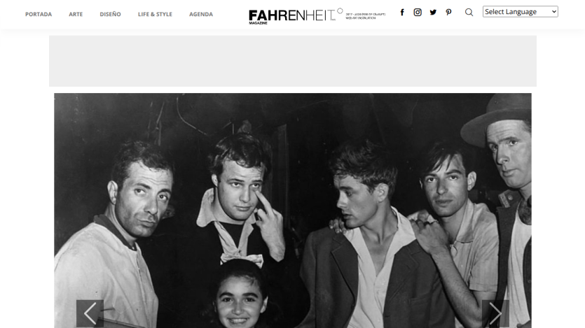 Fahrenheit Magazine homepage with navigation menu and a black-and-white photo of six people in the hero section