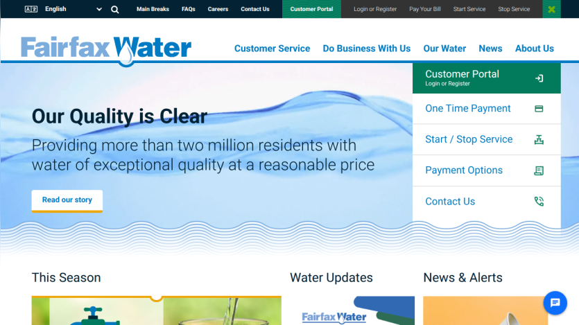 Fairfax Water homepage with slogan 'Our Quality is Clear' and customer portal options for payments and service management