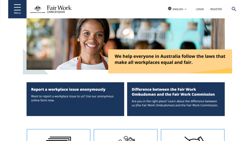 Homepage of Fair Work Ombudsman with key services and mission statement.