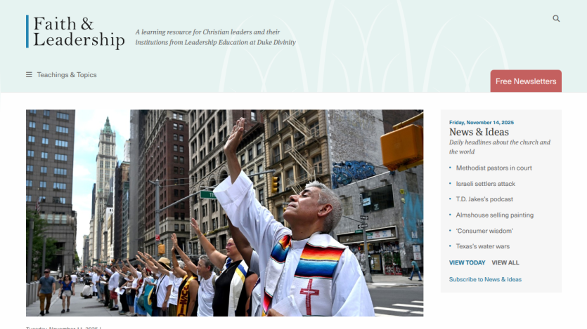 Faith & Leadership site header with navigation, a large photo of people praying in a city street, and a news section listing church-related headlines