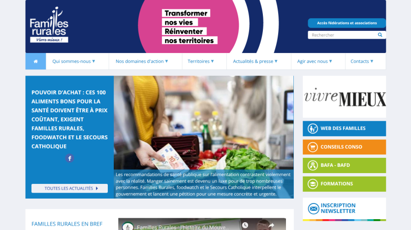Familles Rurales website with navigation menu, headline on food affordability, and image of person paying at market