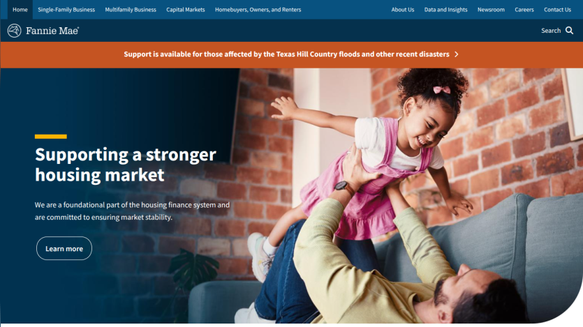 Website promoting a stronger housing market with a family image and call-to-action button.