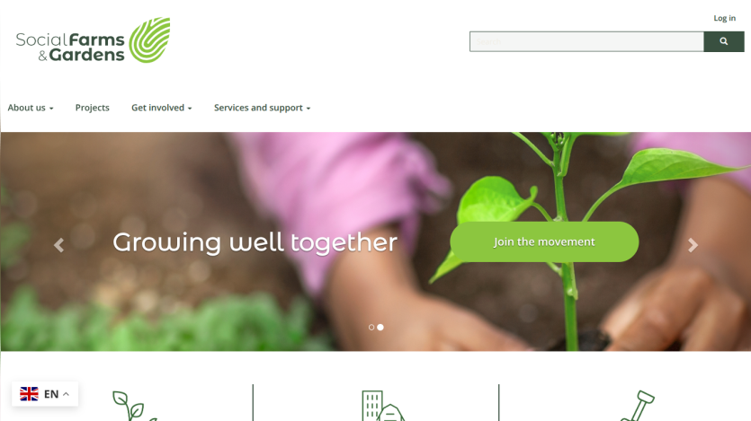 Social Farms & Gardens website with navigation and hero section promoting community growing with 'Growing well together' and join button