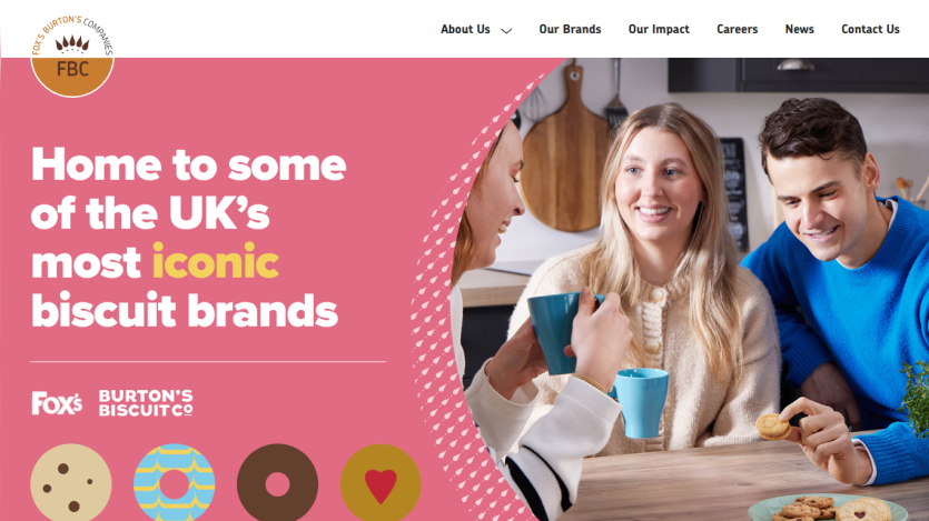 Homepage of Fox's Burton's Biscuit Co featuring UK biscuit brands and people enjoying biscuits