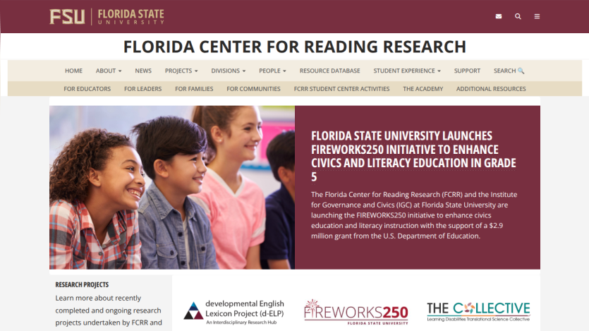Florida Center for Reading Research homepage with news on FIREWORKS250 initiative to enhance civics and literacy education in grade 5