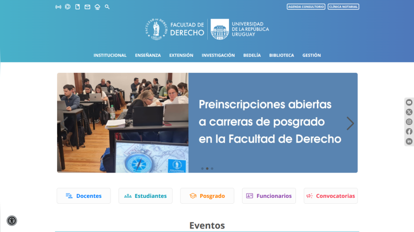 University law faculty homepage with open pre-enrollment announcement for postgraduate courses and navigation menu