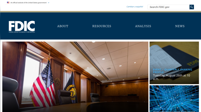 FDIC website header with navigation links and a professional meeting room image.