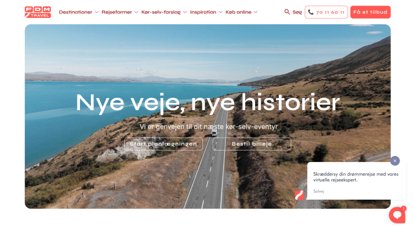 Travel website with a road along a lake and mountains, promoting new travel adventures with planning and rental options