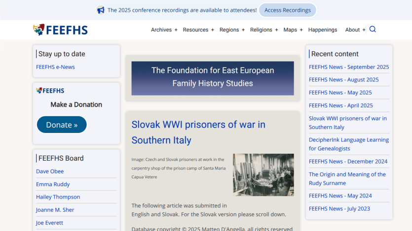 The Foundation for East European Family History Studies homepage with news, donation button, board members, and recent content links.