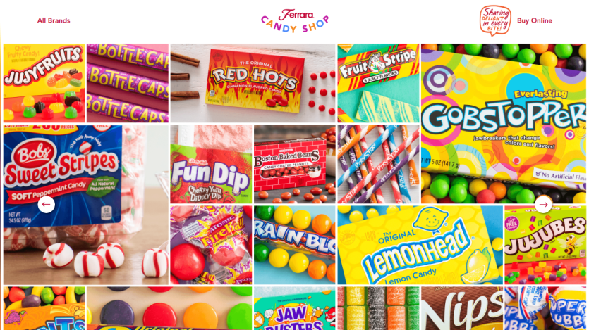 Ferrara Candy Shop homepage showing various candy brand packages and navigation links
