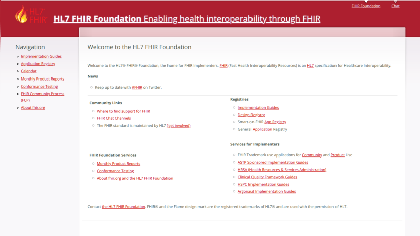 HL7 FHIR Foundation homepage with navigation links and sections on FHIR specification, registries, and services