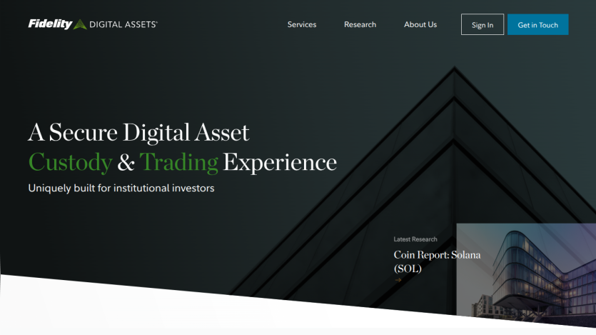 Fidelity Digital Assets homepage with headline about secure digital asset custody and trading for institutional investors