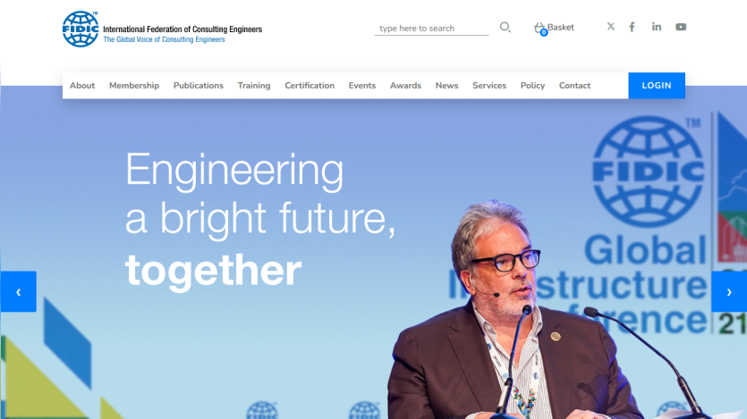 International Federation of Consulting Engineers homepage with navigation and hero text 'Engineering a bright future, together' and speaker image.